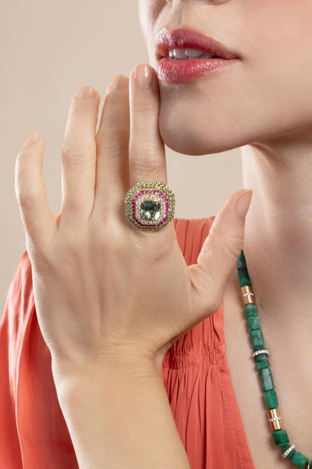 Mint Tourmaline Sapphire Cushion Gemstone Ring - Image 2