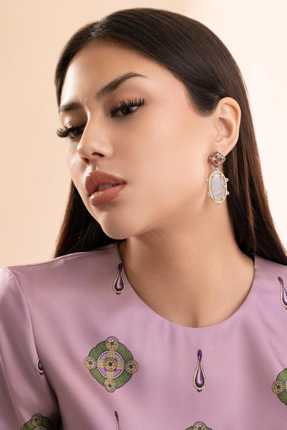 Pink Tourmaline Opal Drop Earrings - Image 3