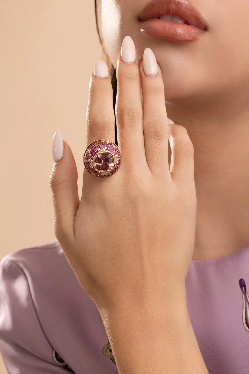 Pink Tourmaline Ruby Octagon Gemstone Ring - Image 3