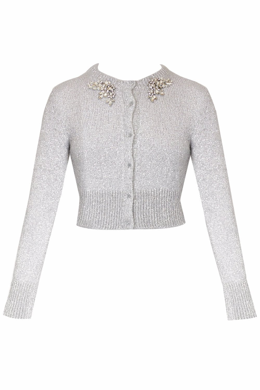 Embellished Cropped Cardigan - Silver