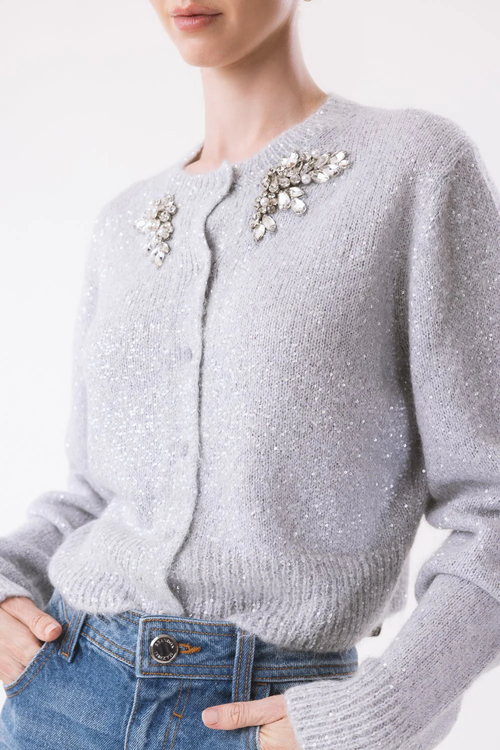 Embellished Cropped Cardigan - Silver - Image 3