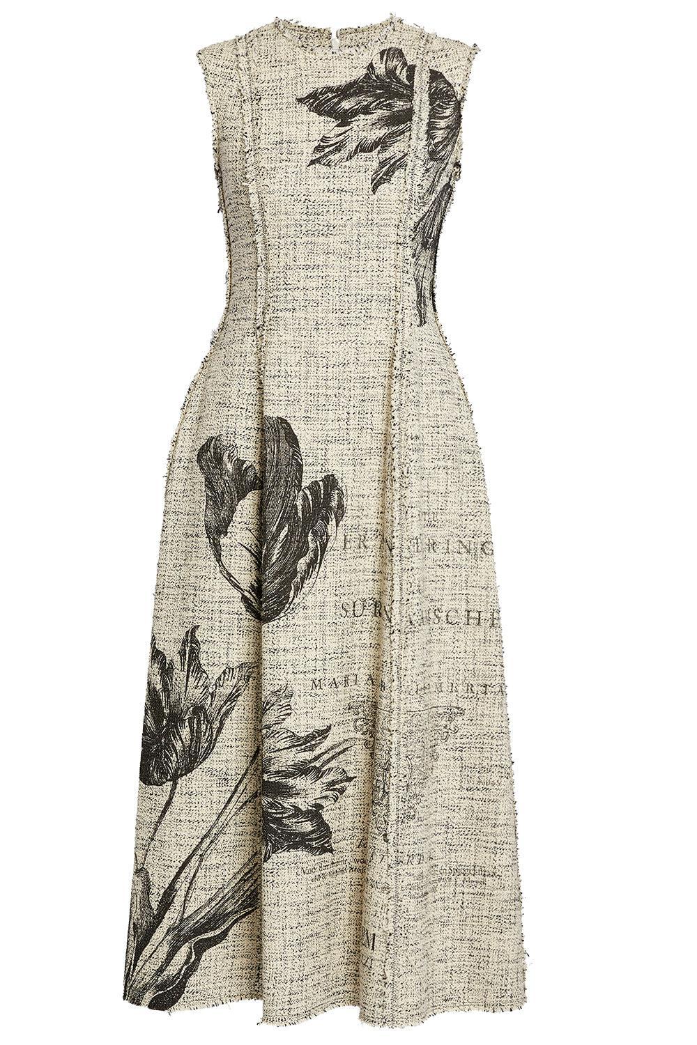 Floral Print Tweed Sleeveless Midi Dress