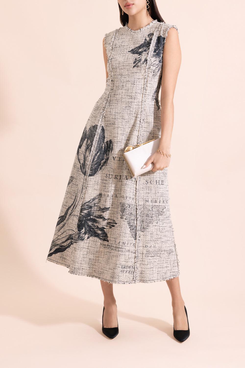 Floral Print Tweed Sleeveless Midi Dress - Image 2
