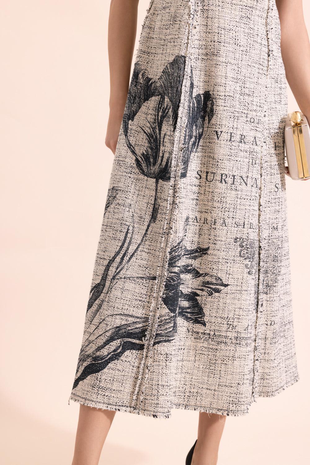 Floral Print Tweed Sleeveless Midi Dress - Image 3