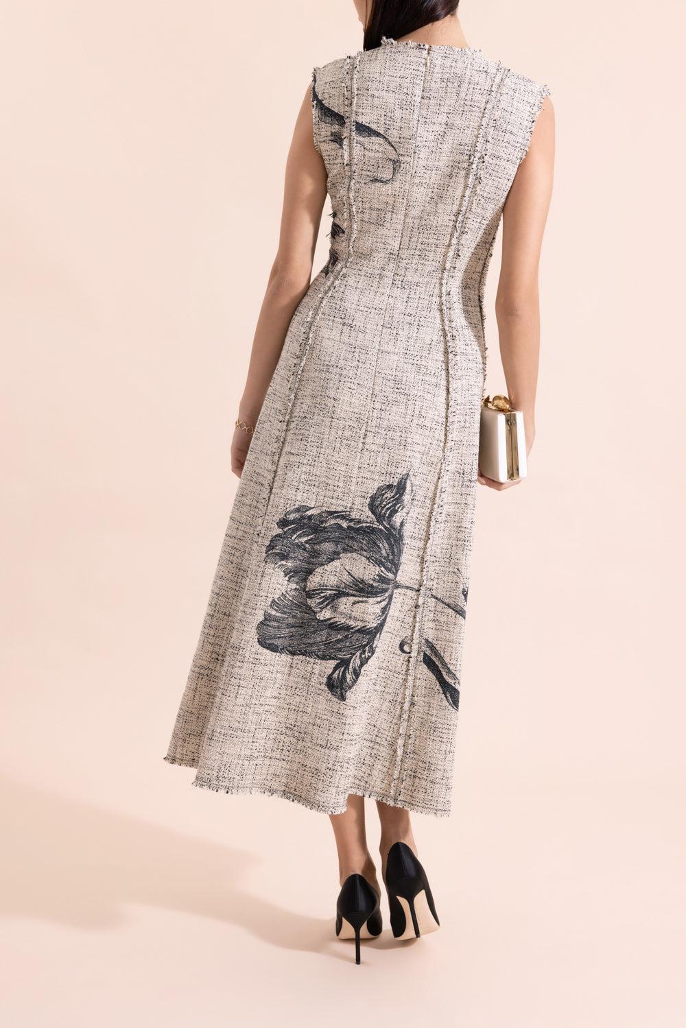Floral Print Tweed Sleeveless Midi Dress - Image 4
