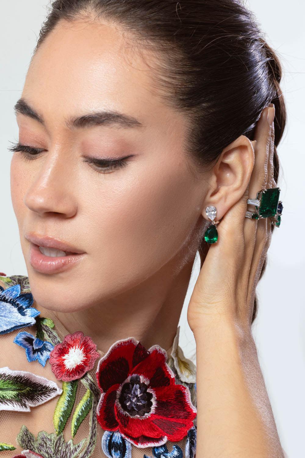 Emerald Double Pear Drop Earrings - Image 4