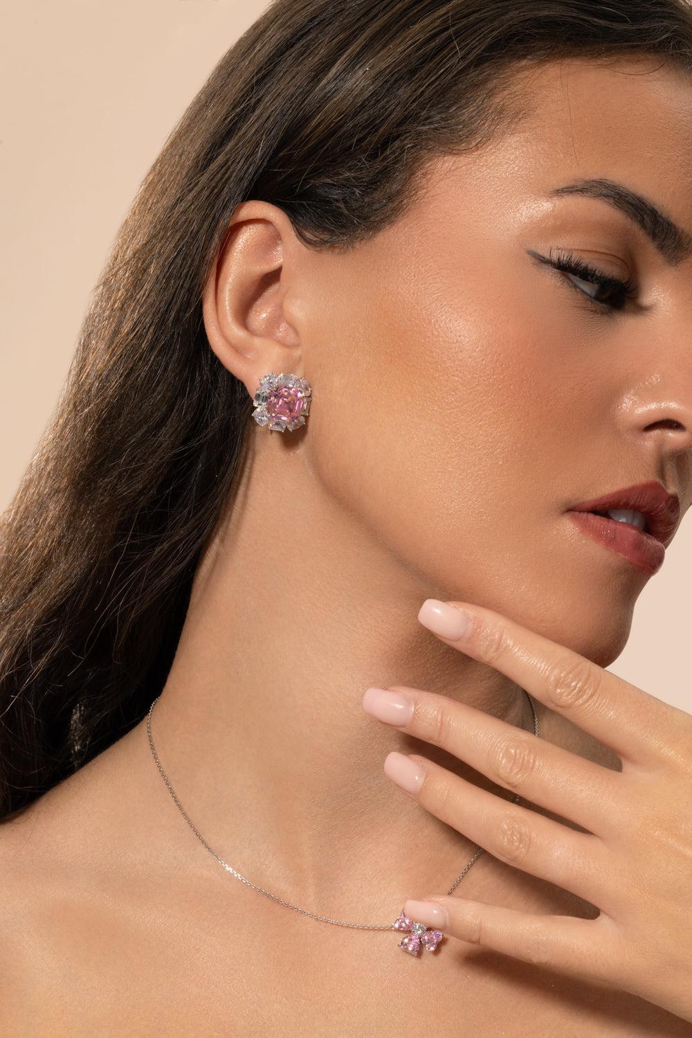 Pink Cushion Cut Chandelier Earrings - Image 2