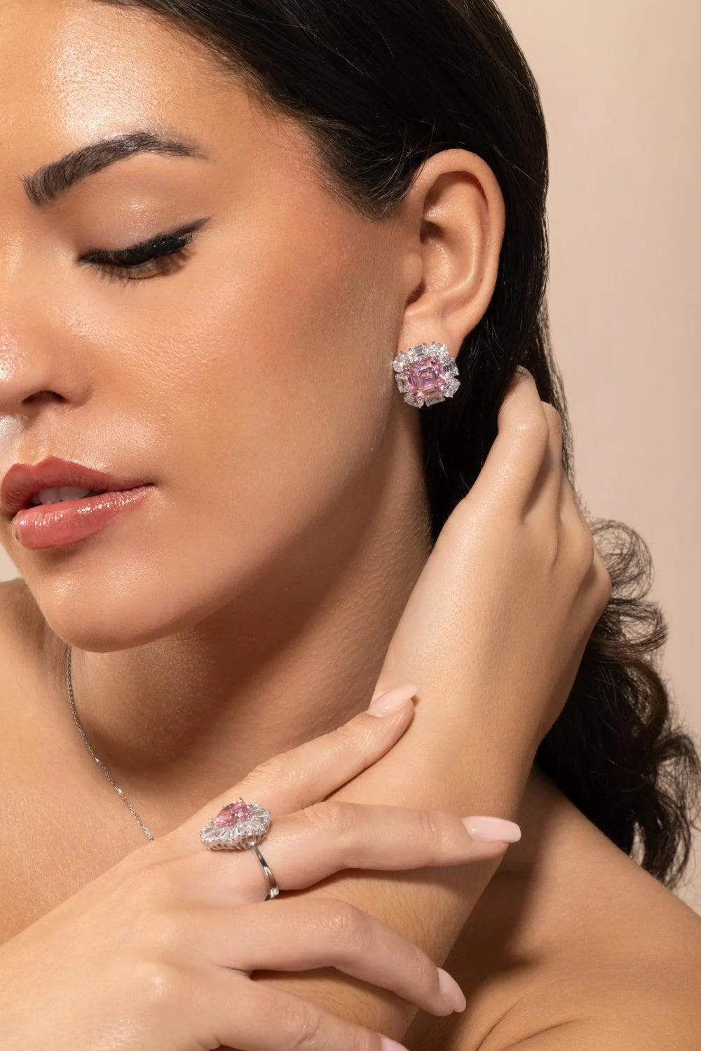 Pink Cushion Cut Chandelier Earrings - Image 4