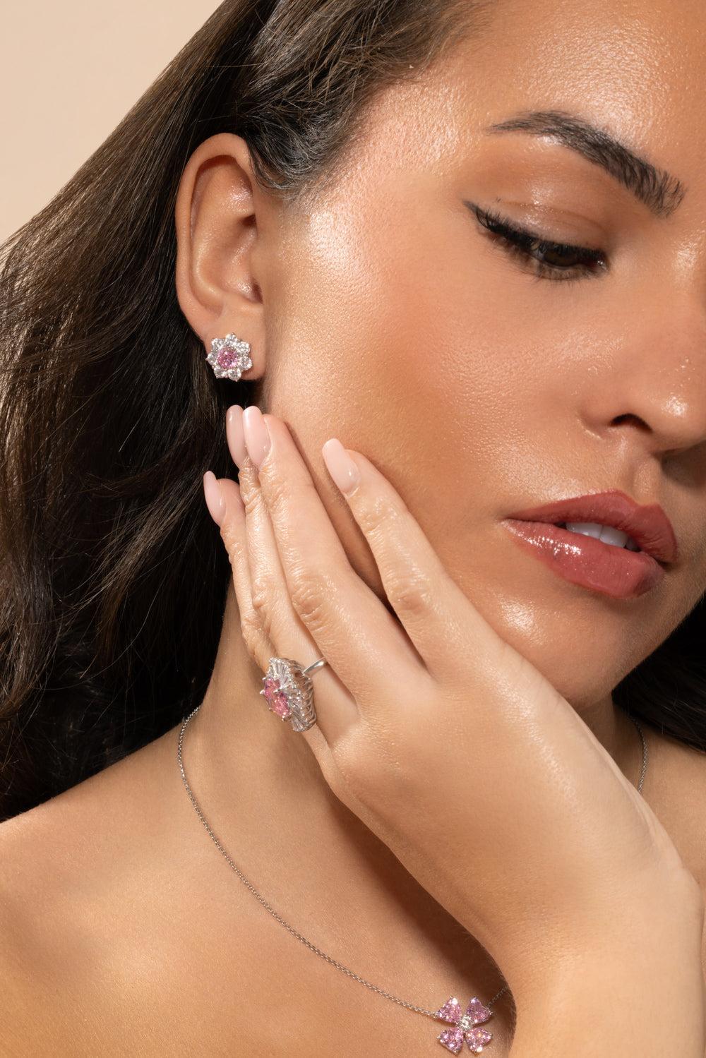 White Pink Flower Stud Earrings - Image 2
