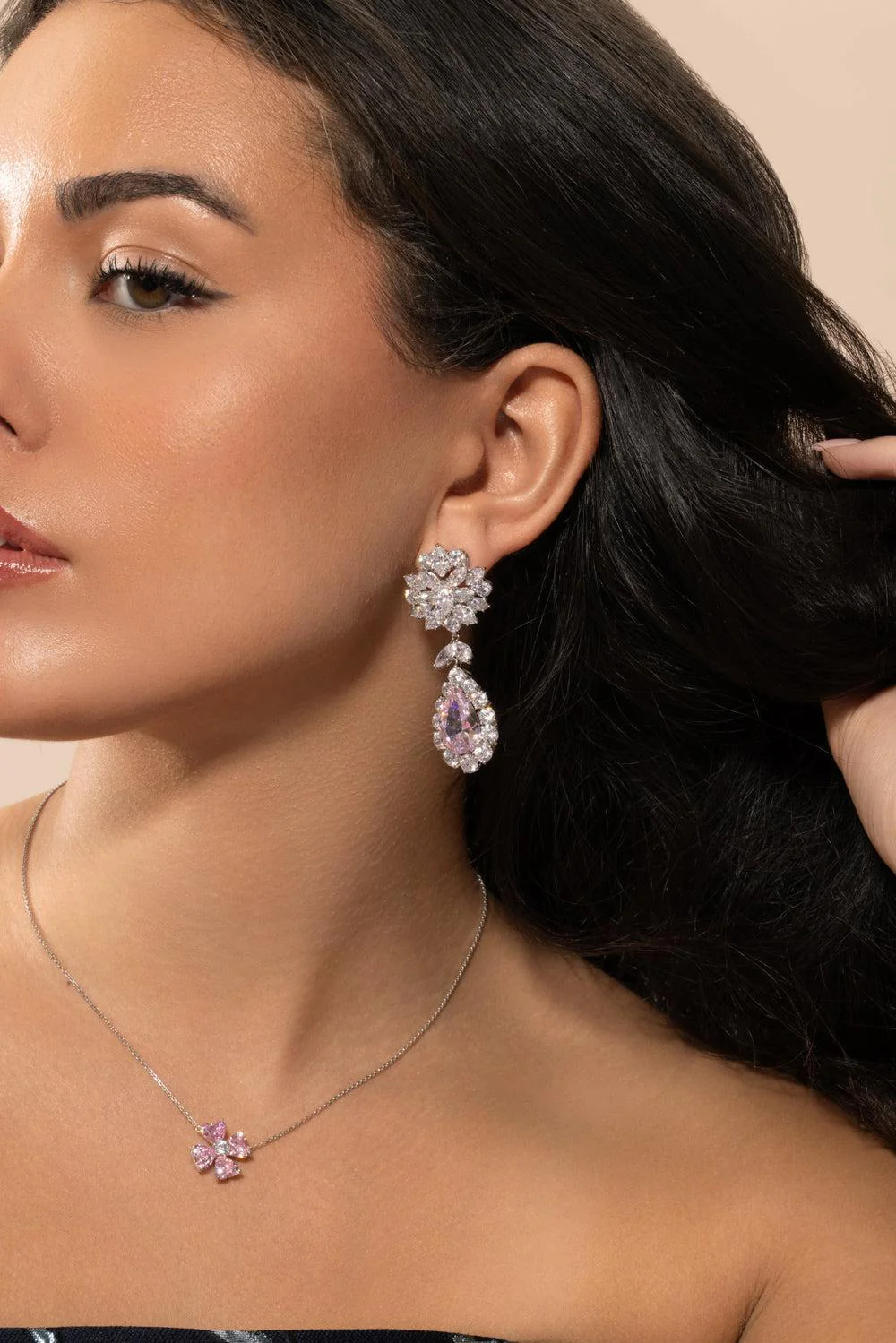 Pink White Cluster Drop Earrings - Image 2