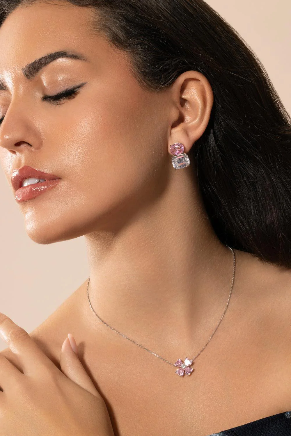 Pink White Oval Stud Earrings