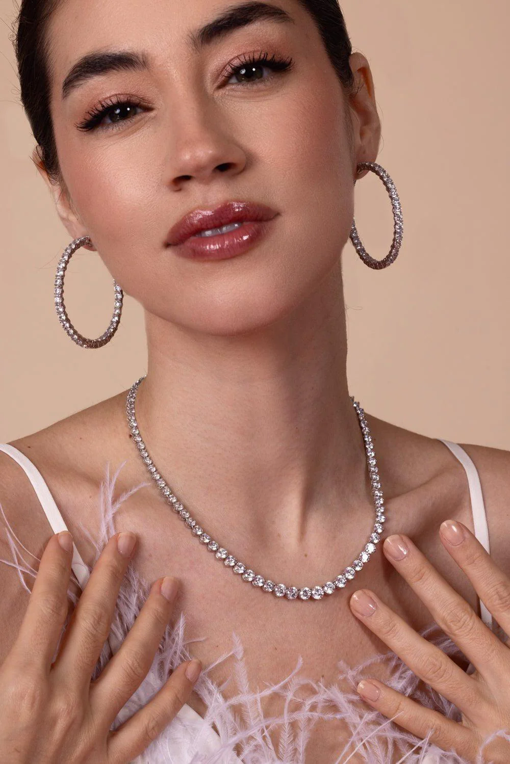 Round CZ Hoop Earring - 2 in - Image 2