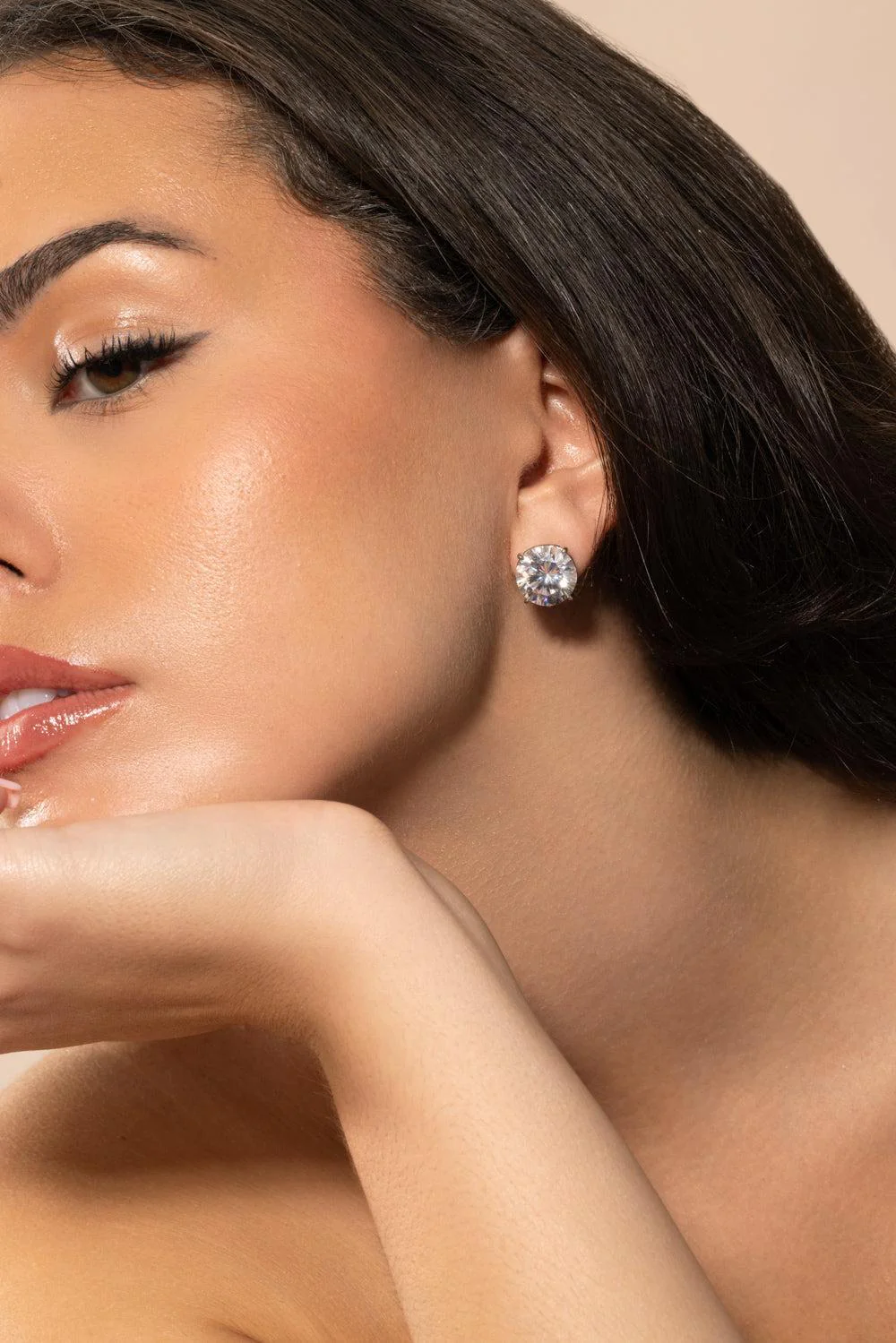 White Round Omega Stud Earrings - Image 3