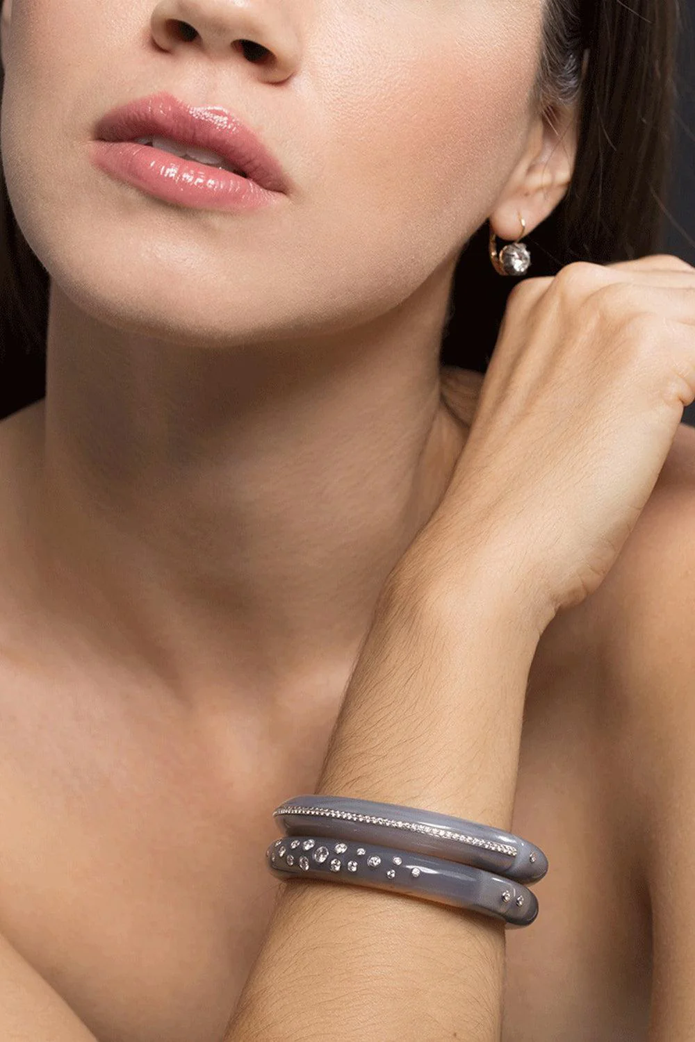Grey Chalcedony Diamond Line Bangle Bracelet - Image 2
