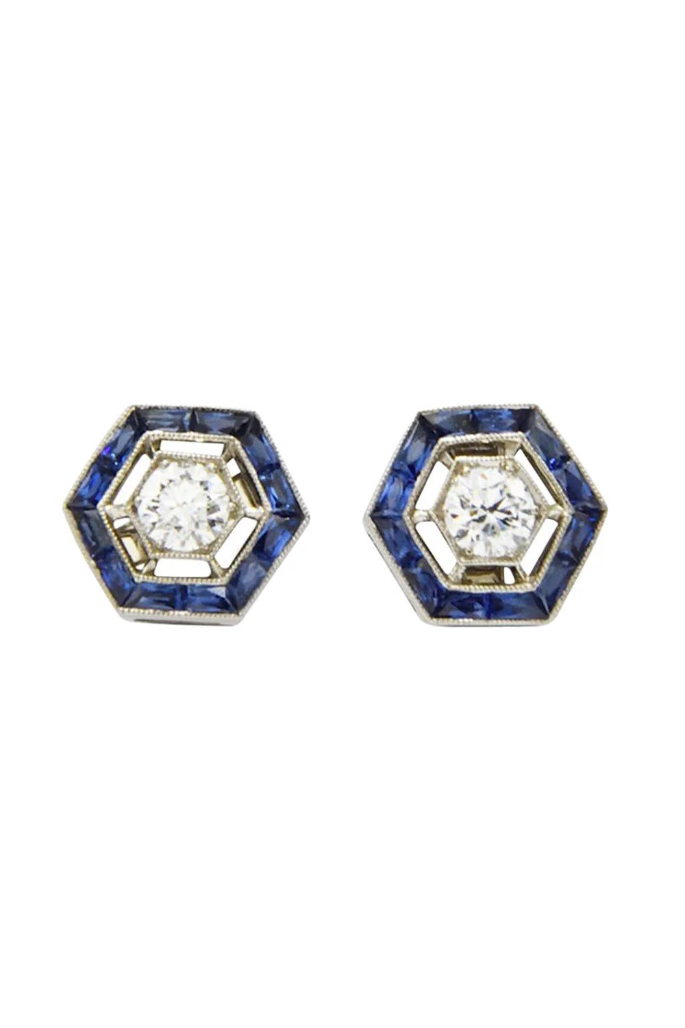 Sapphire Halo Hexagon Stud Earrings