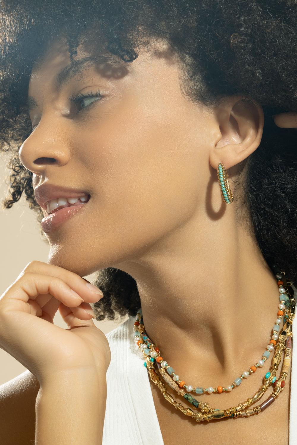 Mixed Green Beaded Lyre Earrings - Image 2