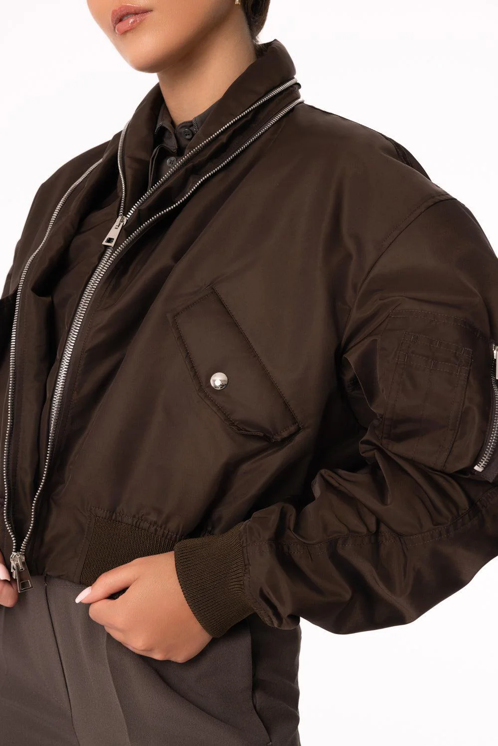 Zipped Shawl Collar Bomber Jacket - Image 3