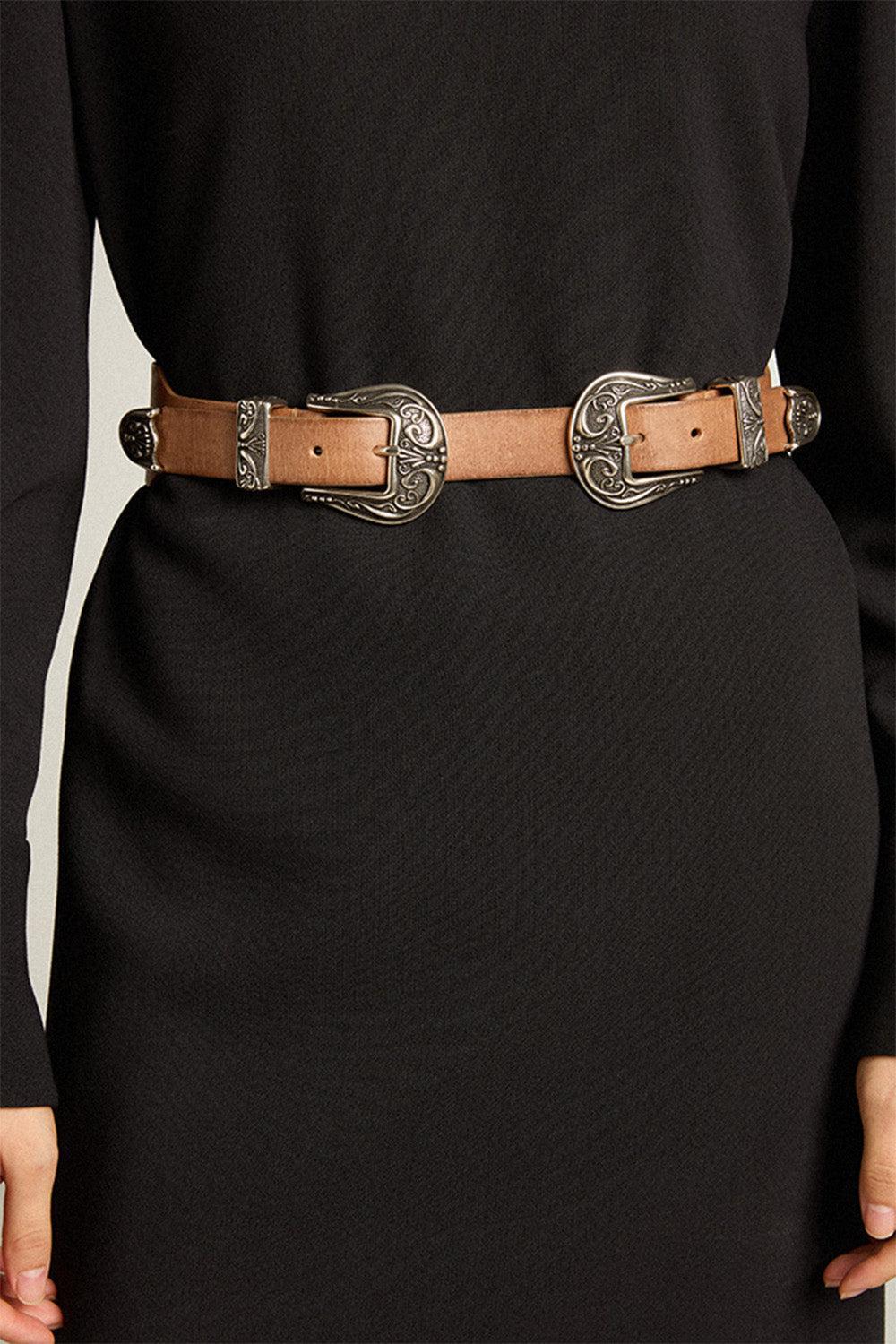 Double Buckle Washed Leather Belt - Sand - Image 2