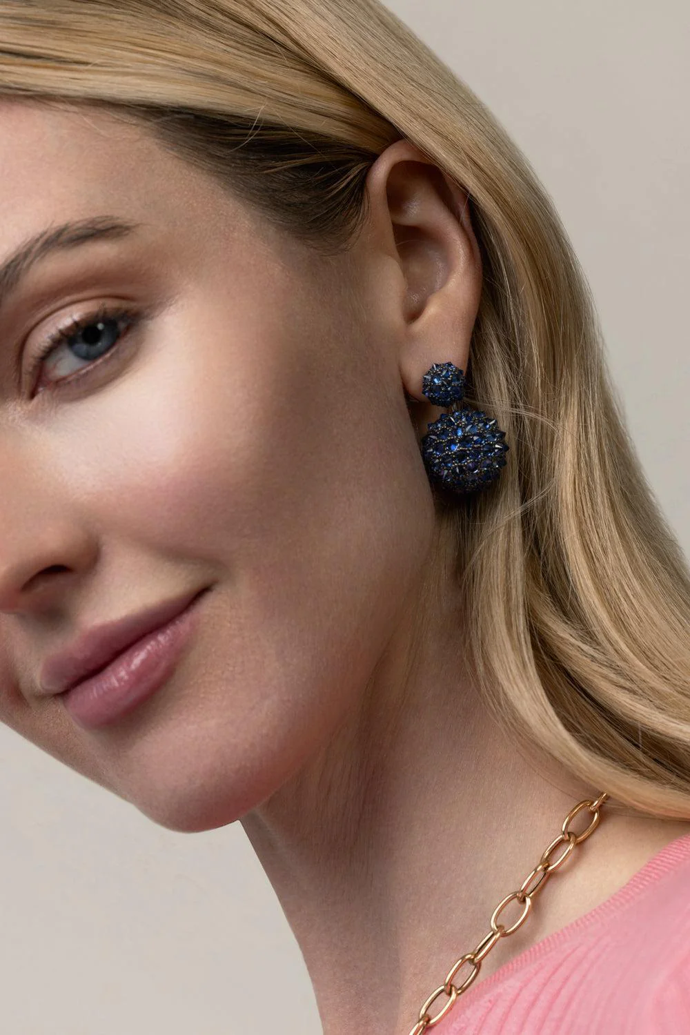 Blue Sapphire Double Ball Drop Earrings - Image 2