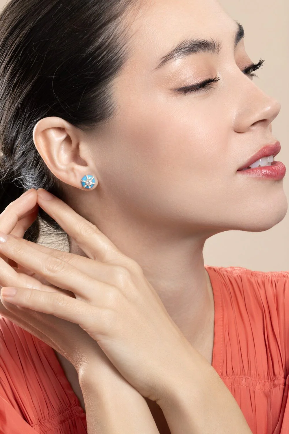 Diamond Blue Hexagon Queen Stud Earrings - Image 3