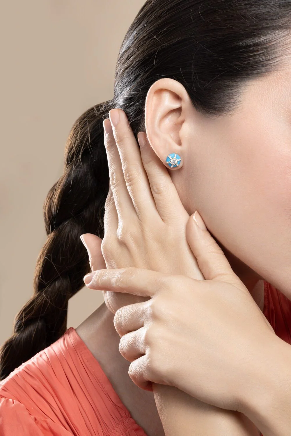 Diamond Blue Hexagon Queen Stud Earrings - Image 4
