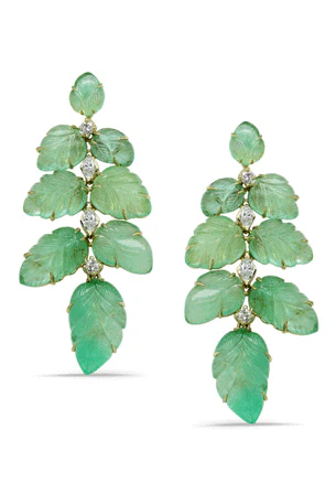Diamond Carved Emerald Leaf Earrings