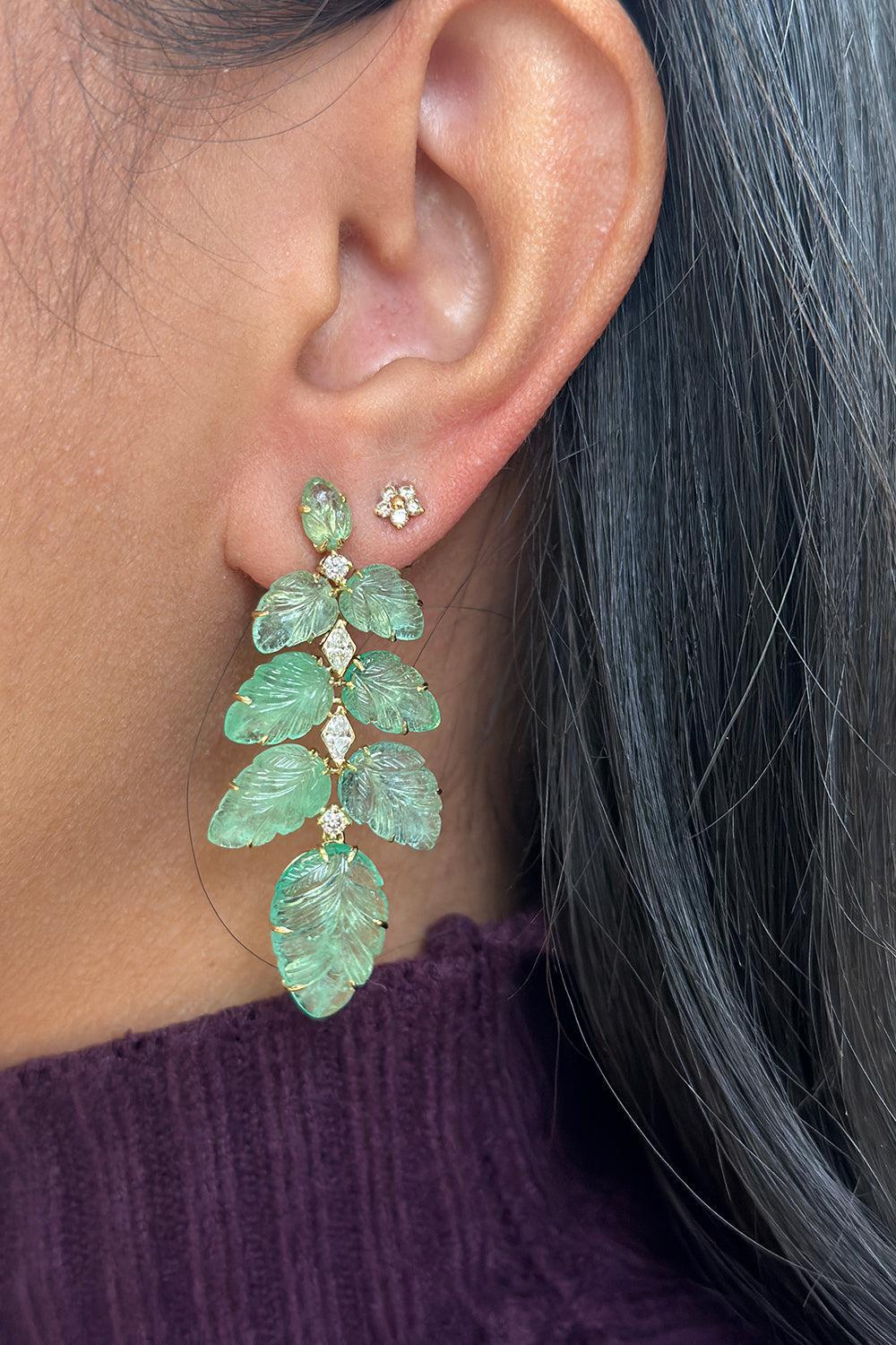 Diamond Carved Emerald Leaf Earrings - Image 2