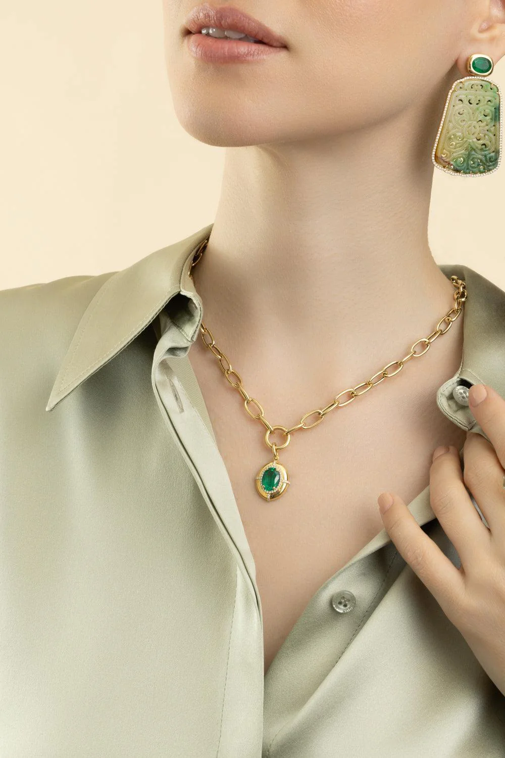 Emerald Oval Medallion Pendant Necklace - Image 2