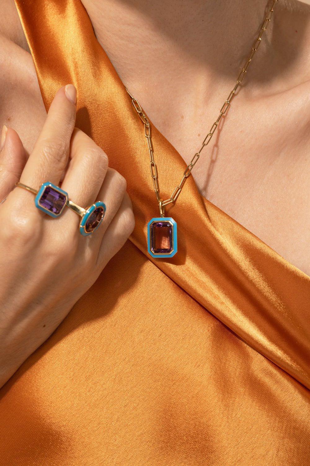 Flat Amethyst Enamel Pendant Necklace - Image 4
