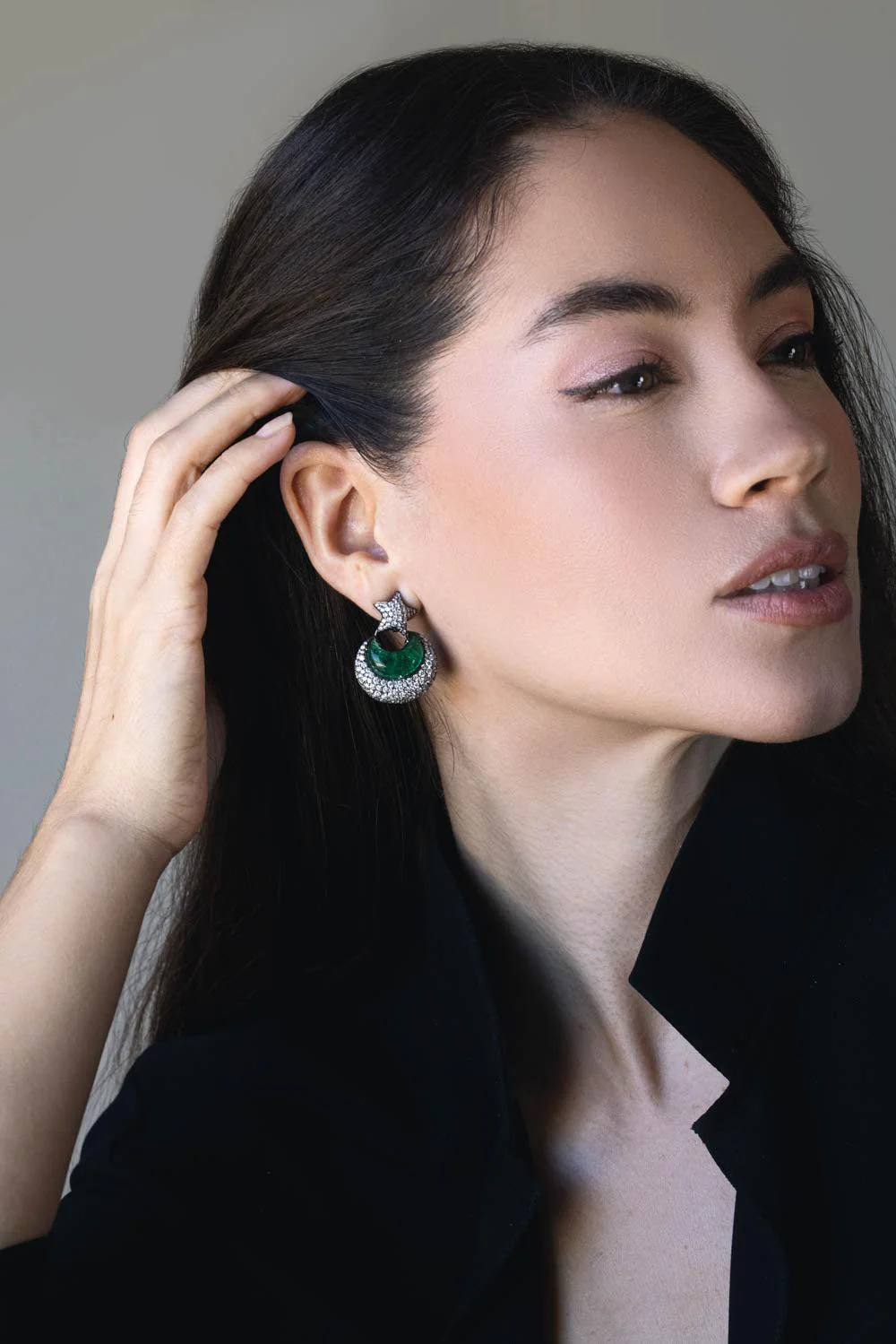 G-One Emerald Diamond Half Moon Earrings - Image 3