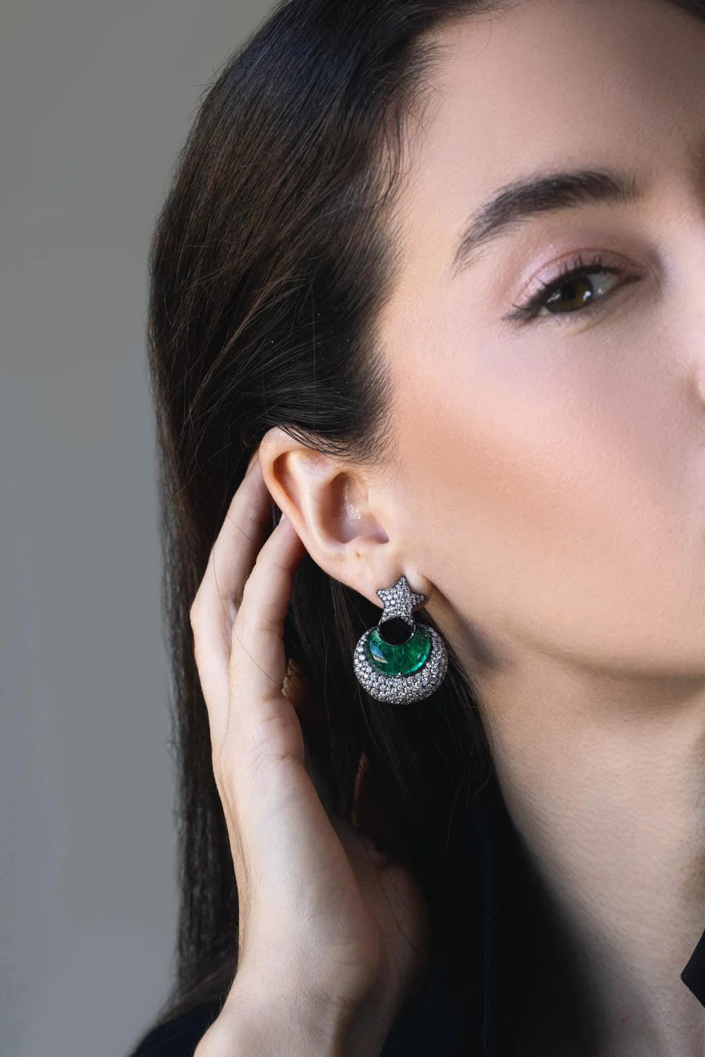 G-One Emerald Diamond Half Moon Earrings - Image 4