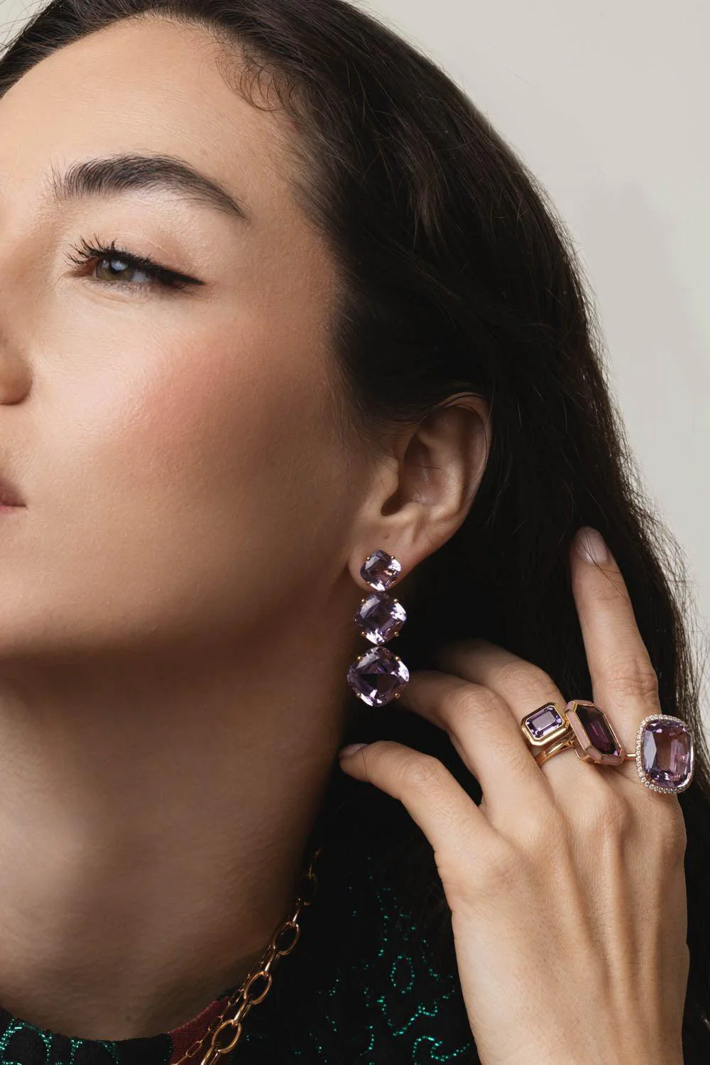 Gossip Three Drop Amethyst Lavender Earrings - Image 2