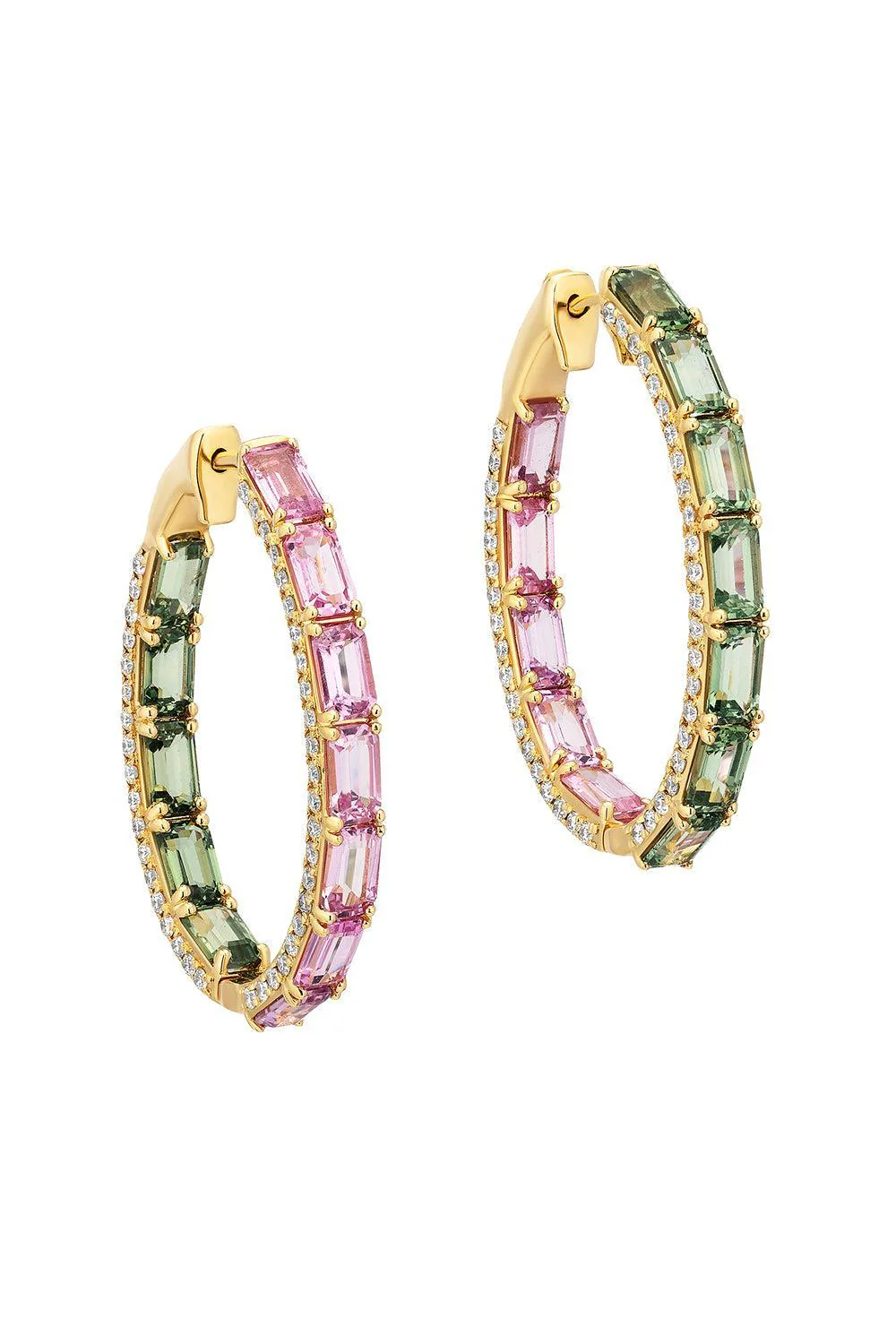 Green Sapphire Pink Sapphire Oval Hoop Earrings