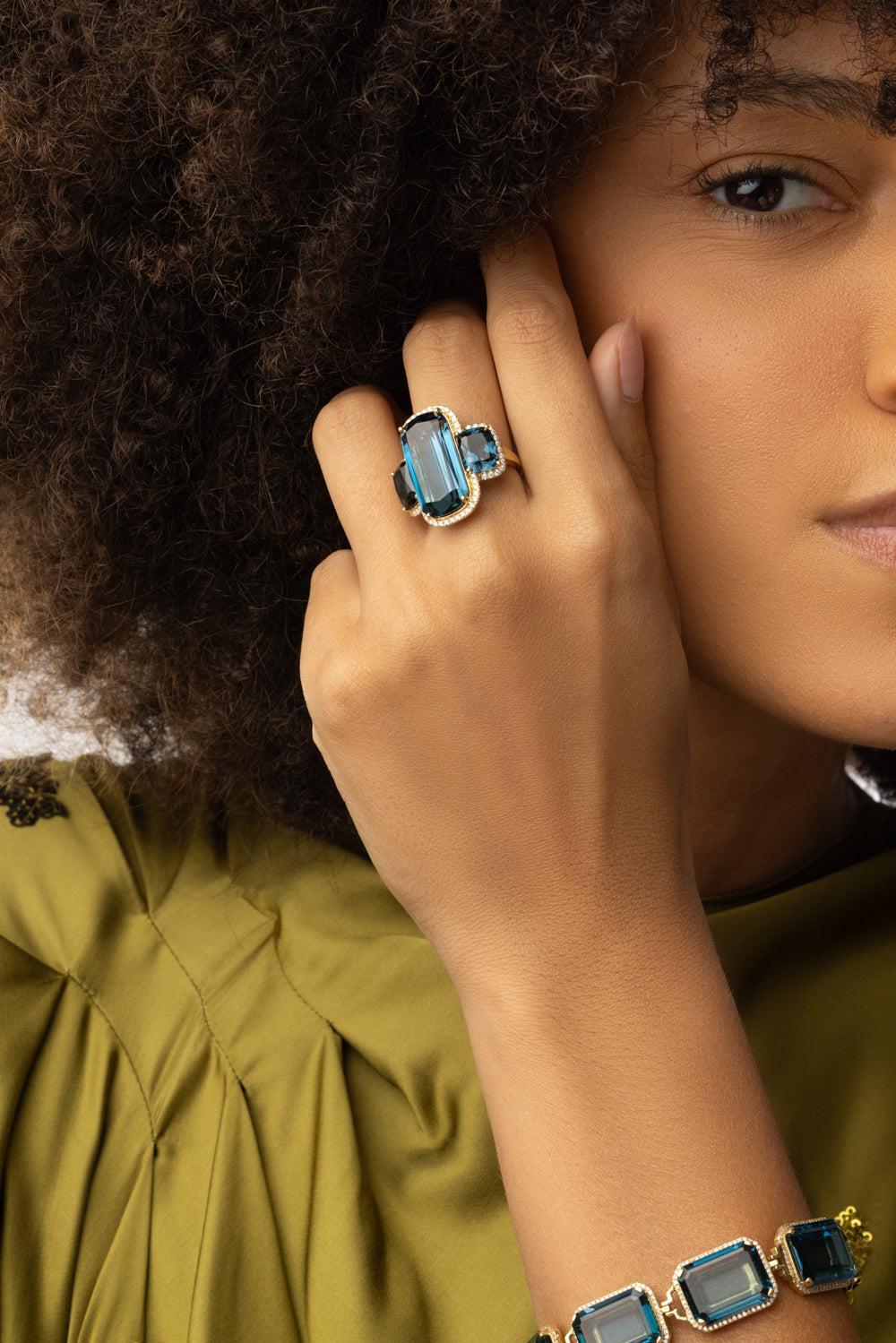 London Blue Topaz Three Stone Gossip Ring - Image 3