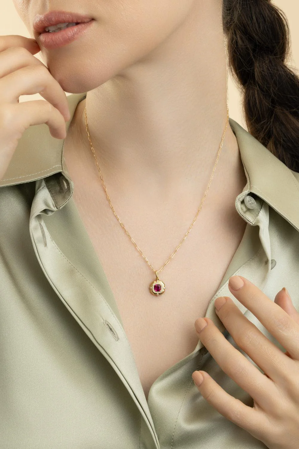Rubellite Asscher Medallion Pendant Necklace - Image 2