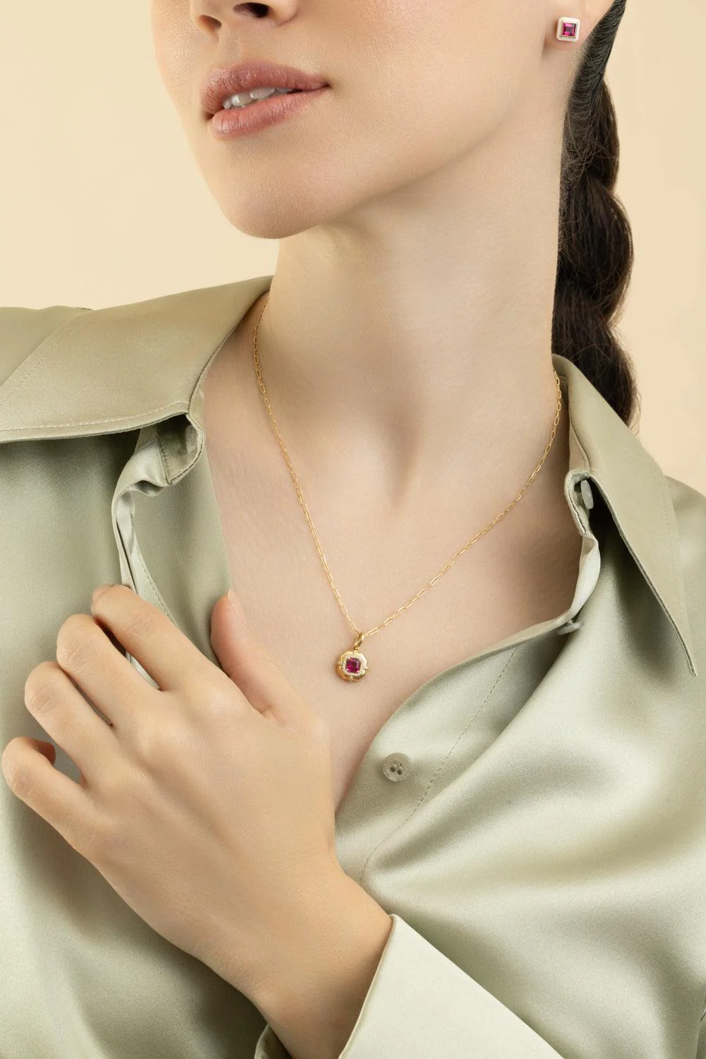 Rubellite Asscher Medallion Pendant Necklace - Image 3
