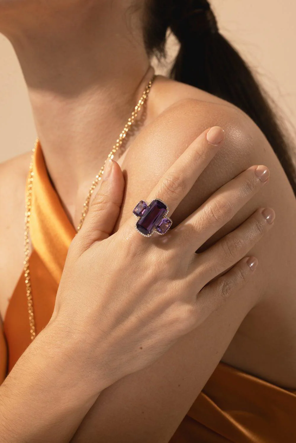 Three Stone Amethyst Diamond Ring - Image 5
