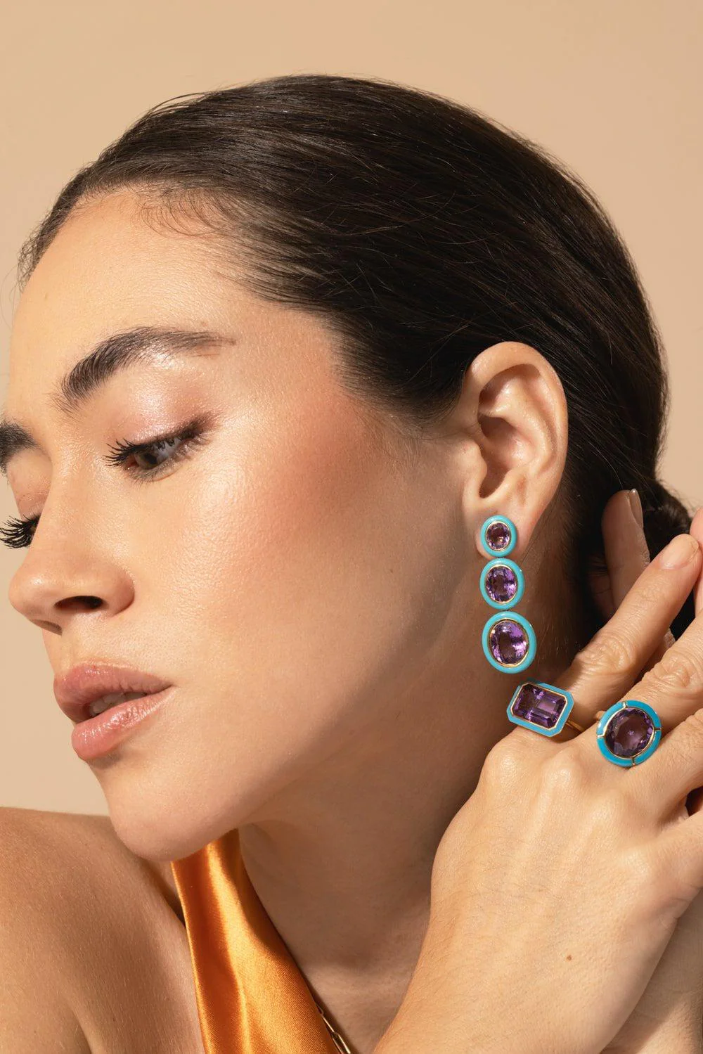 Three Tier Amethyst Turquoise Earrings - Image 3