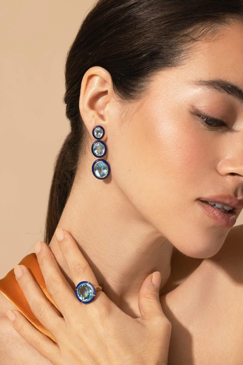 Three Tier Blue Topaz Lapis Lazuli Earrings - Image 4