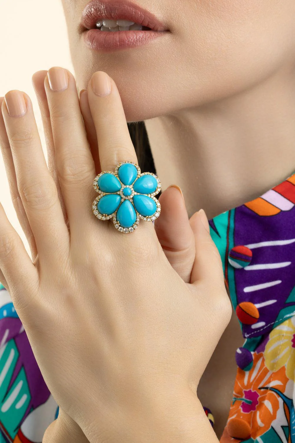 Turquoise Cabochon G-One Flower Ring - Image 3