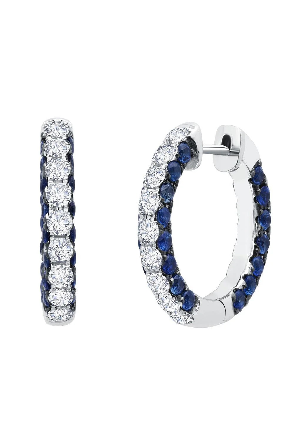 Blue Sapphire Diamond Sided Hoop Earrings