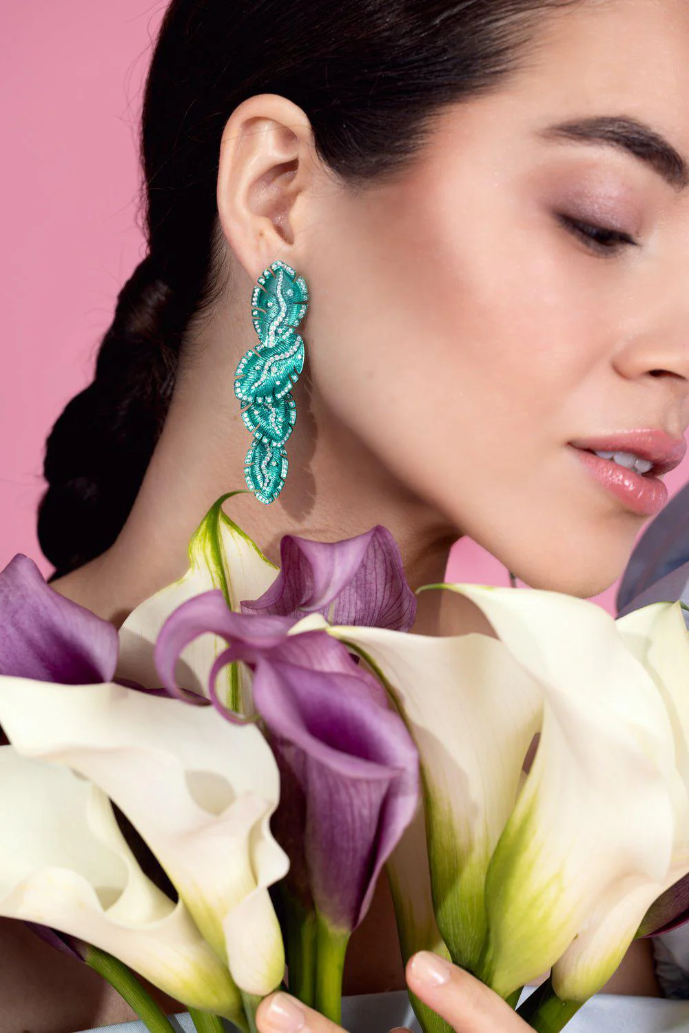 Green Rhodium Quatro Folha Drop Earrings - Image 3