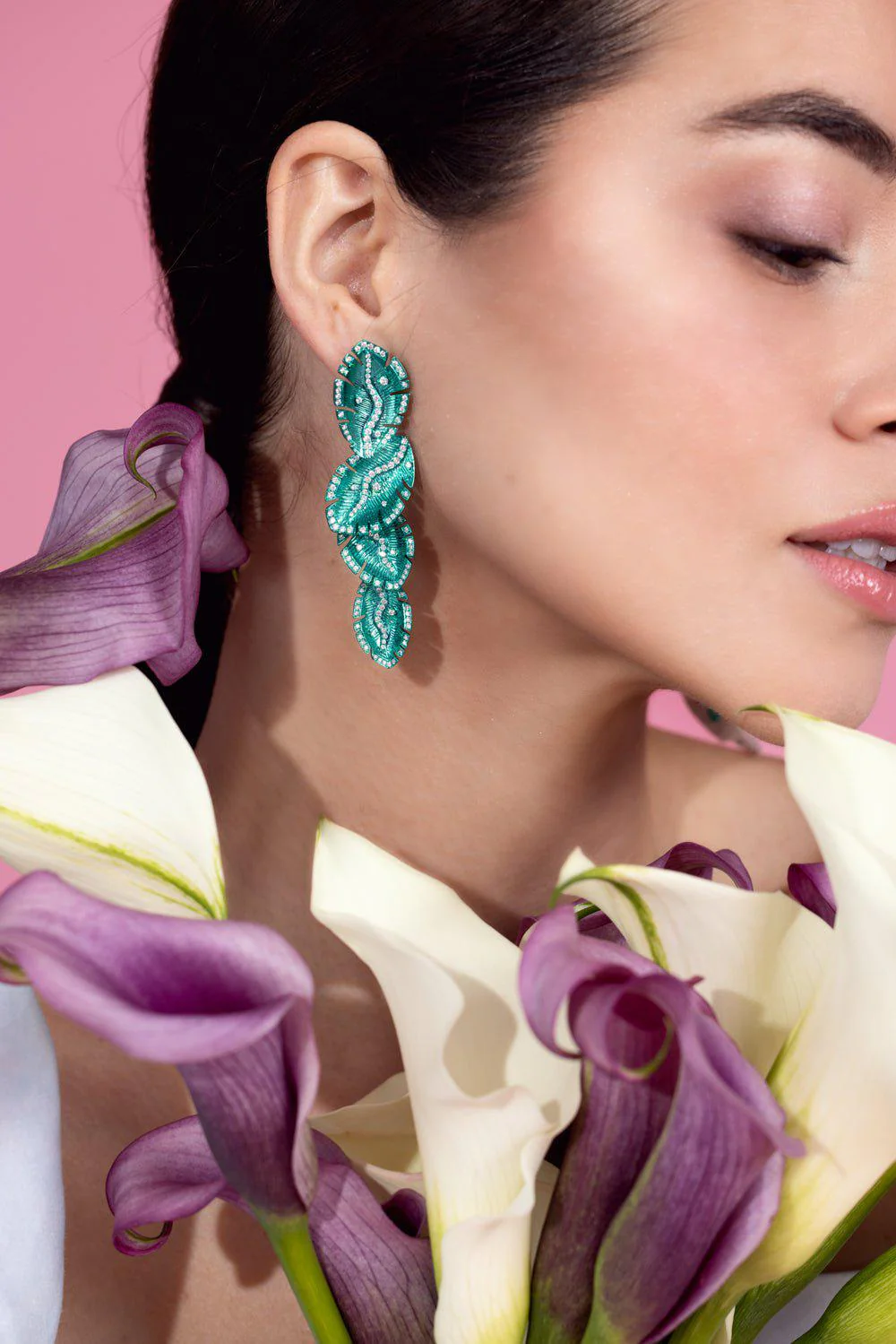 Green Rhodium Quatro Folha Drop Earrings - Image 5