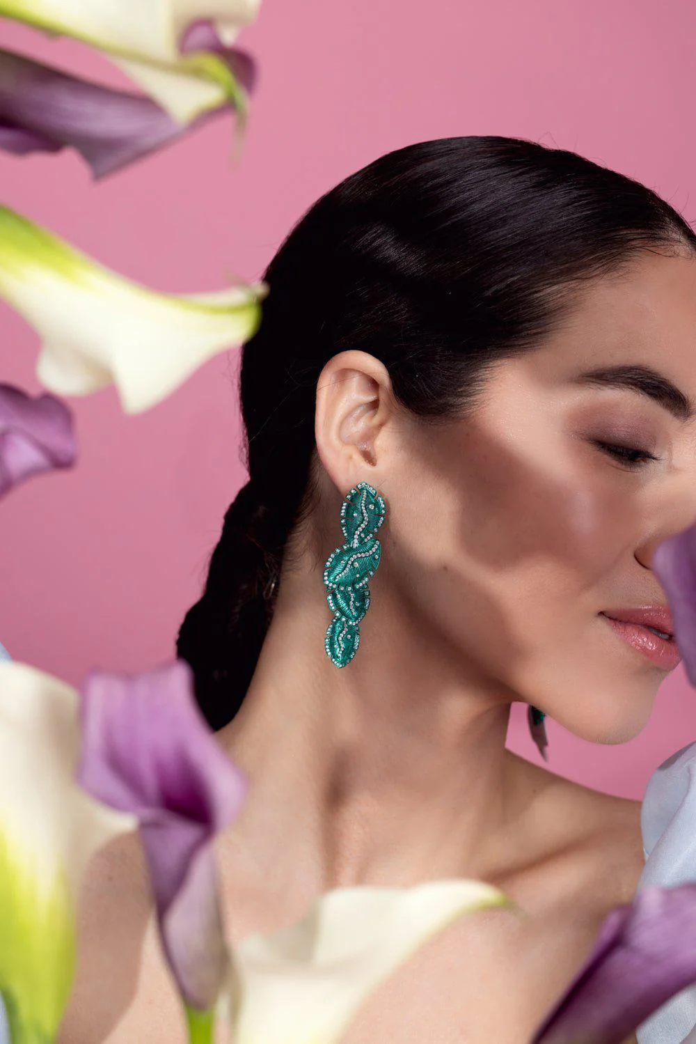 Green Rhodium Quatro Folha Drop Earrings - Image 6
