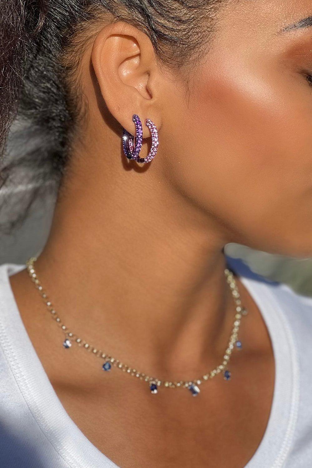 Large Sapphire Pink Rhodium 3 Sided Hoop Earrings - Image 2