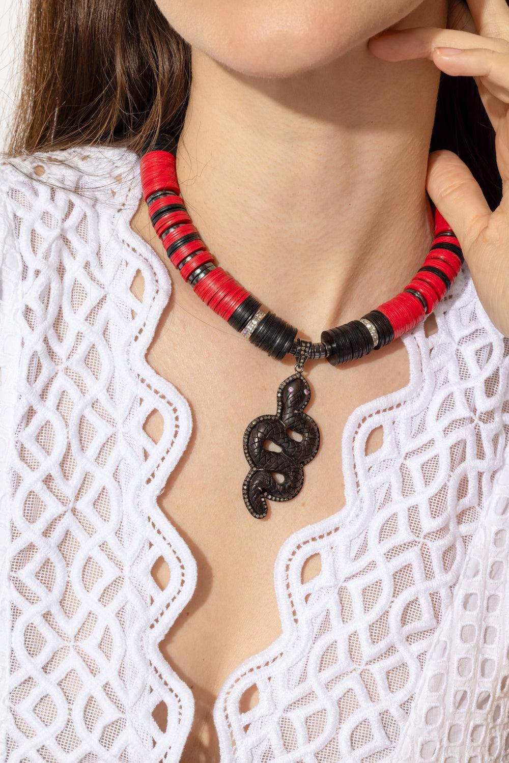 Black Red Beaded Snake Necklace - Image 2