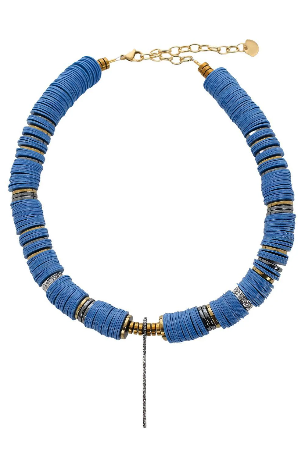 Blue Beaded Diamond Stick Charm Necklace