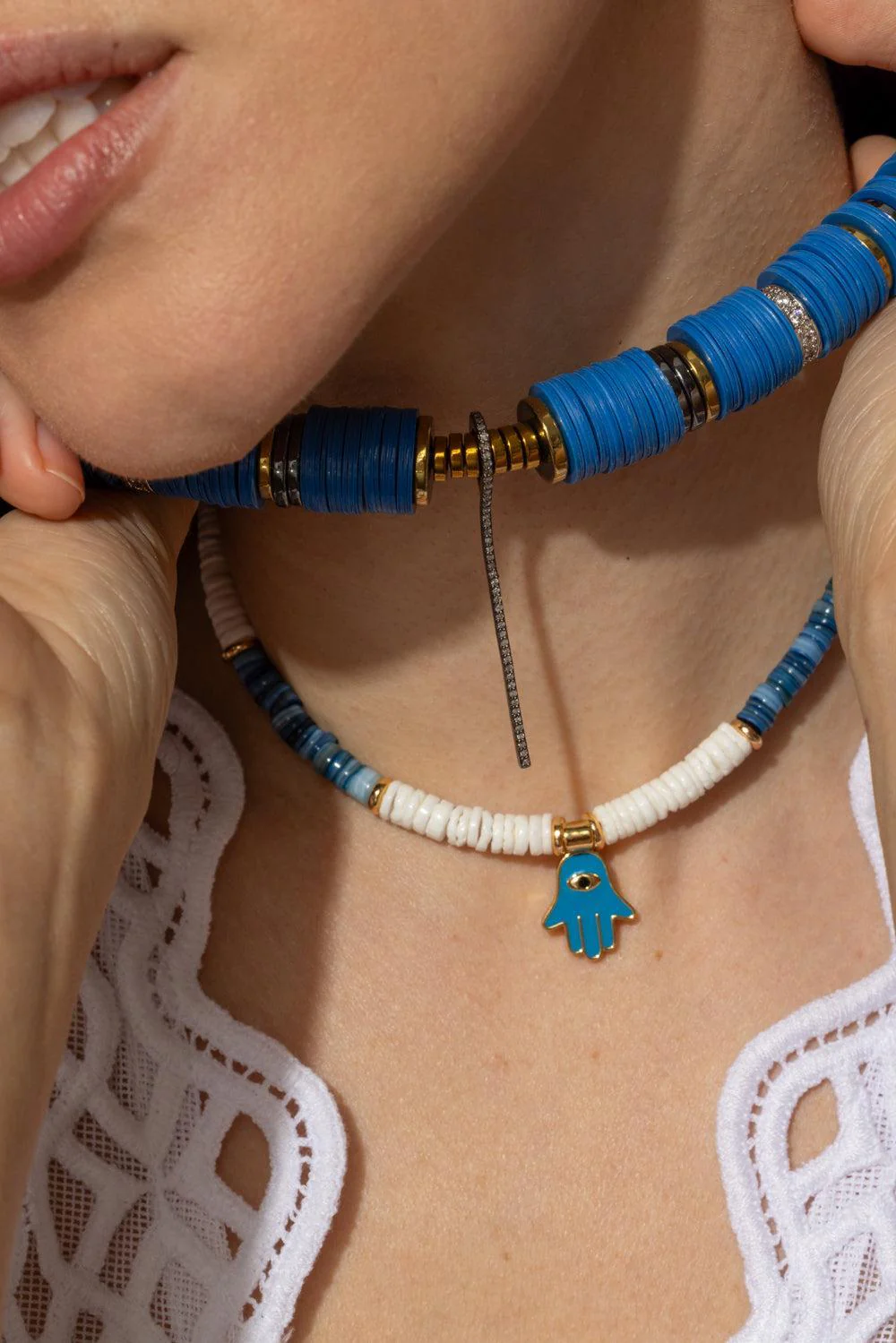 Blue Beaded Diamond Stick Charm Necklace - Image 3