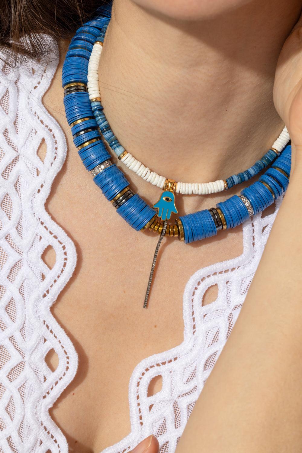 Blue Beaded Diamond Stick Charm Necklace - Image 4