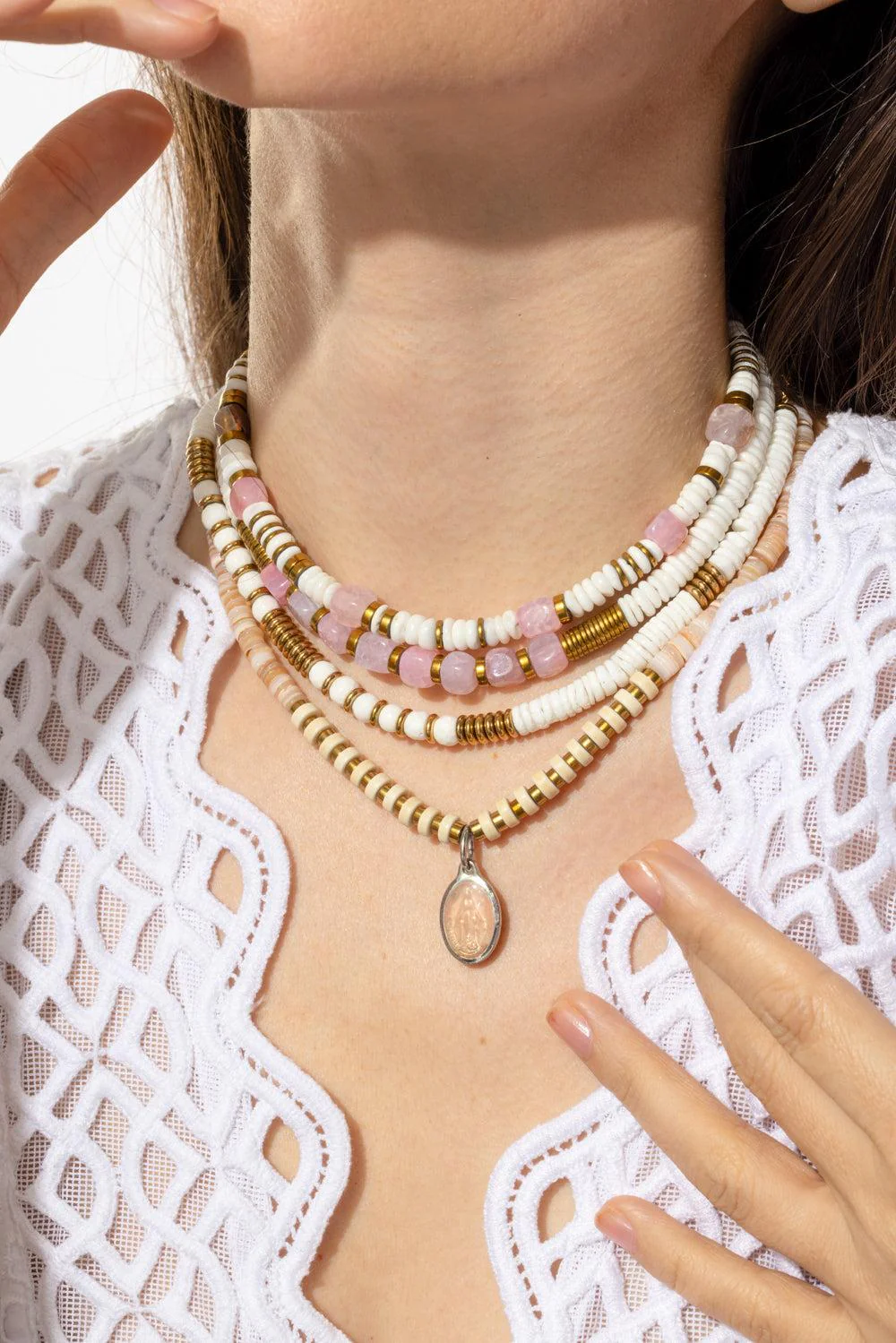FE Pink Virgencita Pendant Rondelle Necklace - Image 2